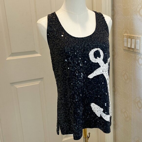 J. CREW Sequin Anchor Tank Top in Size Medium Navy Blue and White - Picture 4 of 7